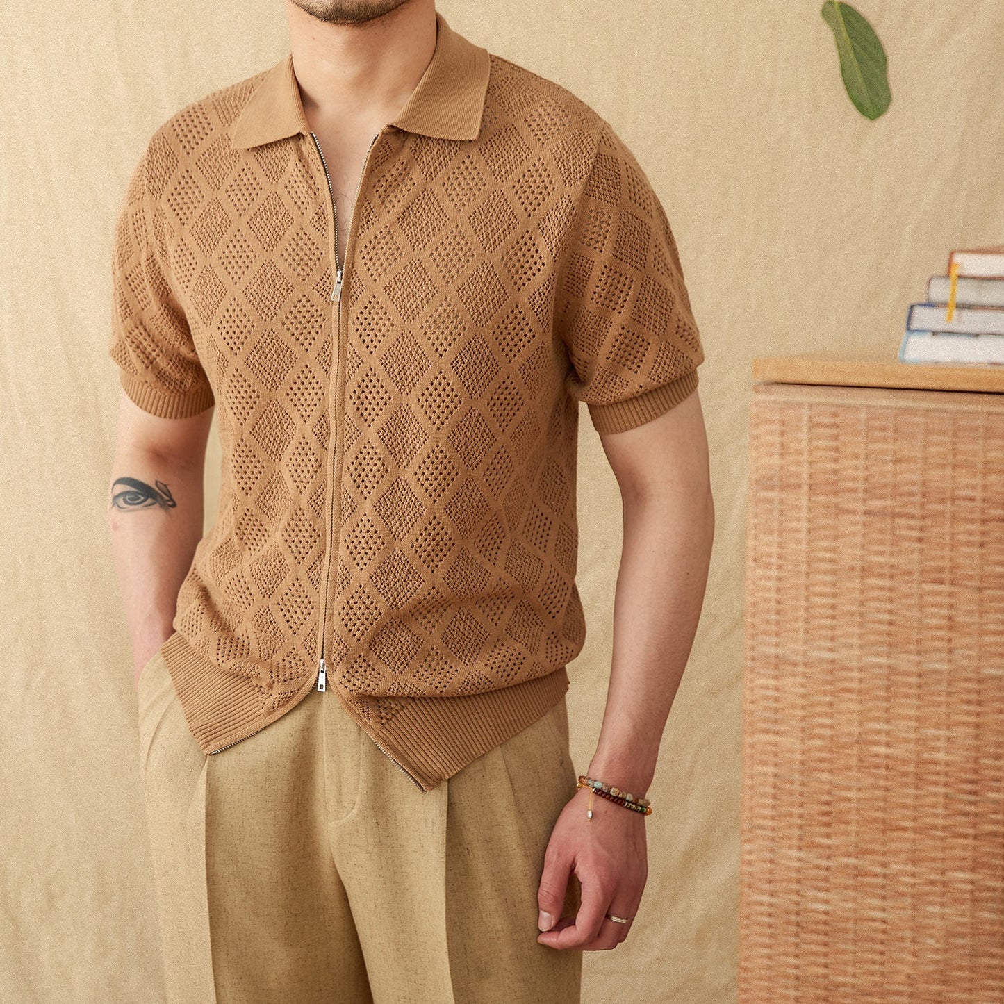 Urban Gents | Cotton Openwork Zip Polo